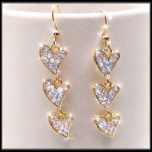 New Triple Heart Crystal Diamond Drop Earrings – Gold Romantic Statement Jewelry
